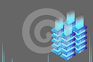 Server room isometric vector, futuristic technology of data protection and processing, networking and web hosting banner, input ou