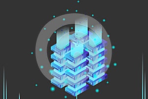 Server room isometric vector, futuristic technology of data protection and processing, networking and web hosting banner, input ou
