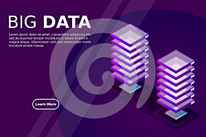 Server room isometric vector, futuristic technology of data protection and processing, networking and web hosting banner, input ou