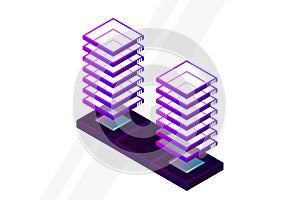 Server room isometric vector, futuristic technology of data protection and processing, networking and web hosting banner, input ou