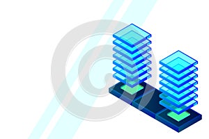 Server room isometric vector, futuristic technology of data protection and processing, networking and web hosting banner, input ou