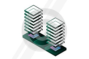 Server room isometric vector, futuristic technology of data protection and processing, networking and web hosting banner, input ou