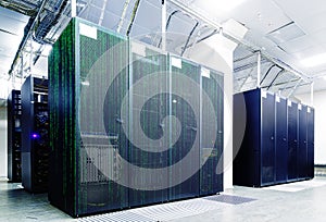 Server room with matrix code