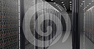 Server room in modern data center. Cloud computing data storage 3d rendering. Walkthrough racks of network and