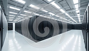 Server room with modern data processing storage center, advanced supercomputer tech, efficient information management. Digital