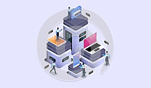 Server room with modern devices, datacenter and cloud storage concept. Modern isometric illustration