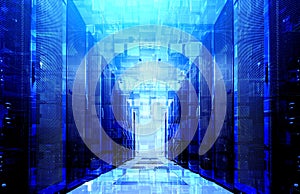 3D illustration virtual structure of cyberspace of extruded cubes on the background of modern data center with blue backlight