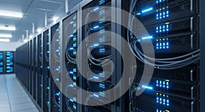 Server room with modern technology equipment and blue lights representing data processing and