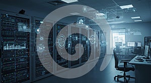 Server room with multiple server racks displaying illuminated LED indicators and