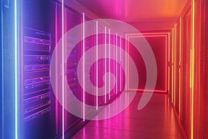 Server room with neon lights symbolizing data protection and internet security