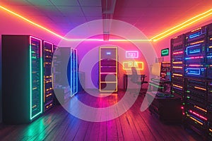 Server room with neon lights symbolizing data protection and internet security
