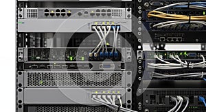 Server Room with Network Routers and Ethernet Cables in Data Center for Cloud Computing Infrastructure Solution and