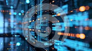 Server room with node base programming data design element.concept of big data storage and cloud computing technology, Ai