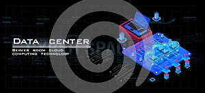 Server room with powerful processor for web hosting. Isometric concept of data center.  Big data storage concept and cloud computi