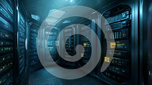 Server room powering data storage network infrastructure and cloud computing solutions