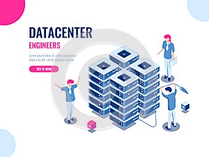 Server room rack, database and data center, cloud storage, blockchain technology, engineer, teamwork cartoon isometric