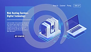 Server room rack, remote system administration, outsourcing service, computing technologies isometric vector icon 3d