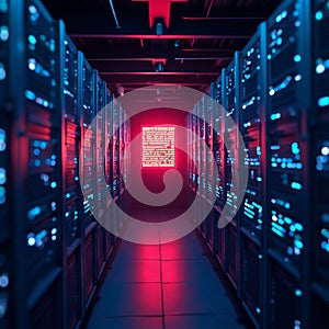 Server Room with Red Error Screen in Data Center