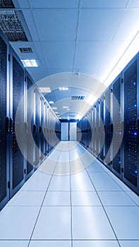 Server room with rows of computer racks in data center, aisle view, and blue tone.