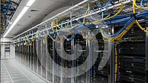 Server room with rows of computer servers and cables