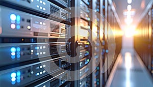 Server room with rows of computer servers