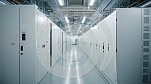 Server Room With Rows of Server Racks, Network Hardware, and Data Cables in Modern Data Center