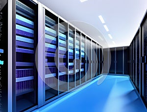 A server room with rows of servers lined up against the walls.