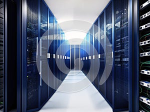 A server room with rows of servers lined up in a row.