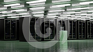 Server room. Server data center. Backup, mining, hosting, mainframe, farm and computer rack with storage information. 3d