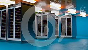 Server room. Server data center. Backup, mining, hosting, mainframe, farm and computer rack with storage information. 3d