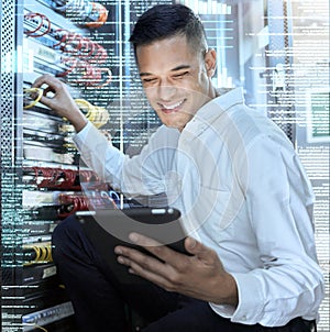 Server room, tablet and programmer man, engineering code and technology for programming, cloud computing and