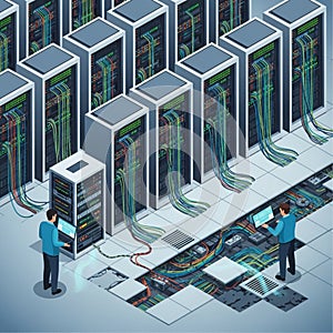 Server Room with Technicians, Data Center, Network Infrastructure, vector design Generative AI