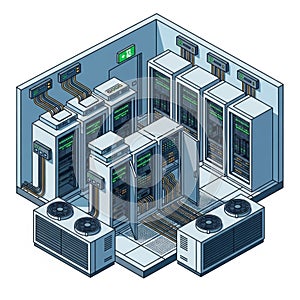 Server Room with Technicians, Data Center, Network Infrastructure, vector design Generative AI