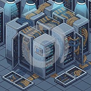 Server Room with Technicians, Data Center, Network Infrastructure, vector design Generative AI