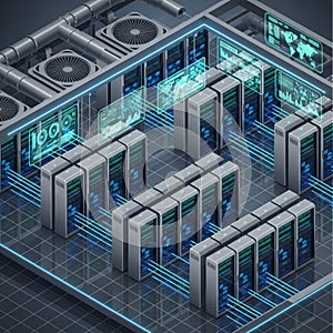 Server Room with Technicians, Data Center, Network Infrastructure, vector design Generative AI