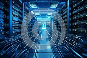 Server room technology with networking cable and hardware system. Generative AI