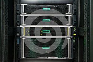 The server room tells the computer server that is working continuously. Convey the power and progress