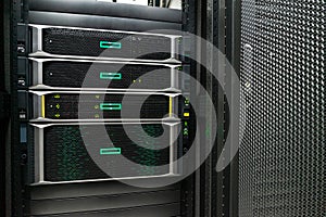 The server room tells the computer server that is working continuously. Convey the power and progress