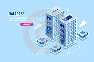 Server room, web site hosting, cloud storage, database and data center isometric icon, blockchain digital technology