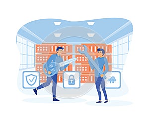 Server security concept, Showing the server is being maintained by a network administrator.