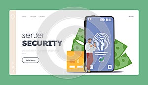 Server Security Landing Page Template. Tiny Character Stand By A Giant Phone With Fingerprint On Screen And Bank Cards
