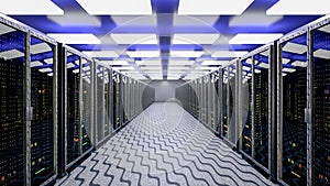 Server. Server room data center. Backup, mining, hosting, mainframe, farm and computer rack with storage information. 3d