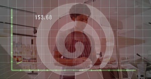 Server in striped apron and gloves assembling sandwich at cafe counter, with 153