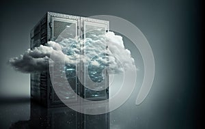 A server is surrounded by a cloud, emphasizing the security and reliability that cloud computing provides to businesses and