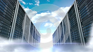 Server tower on cloudy sky background