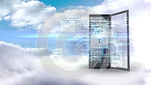 Server tower protecting by electronic security on cloudy sky background