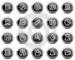 Server web icons, black glossy circle buttons