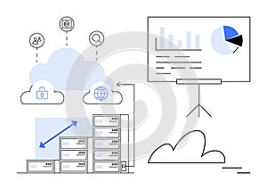 Cloud Data Storage, Networking, and Growth Analytics Concept with Presentation Display