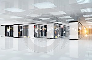 Servers data center room with bright bokeh light going through the corridor 3D rendering