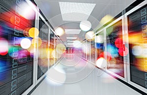 Servers data center room with bright bokeh light going through the corridor 3D rendering